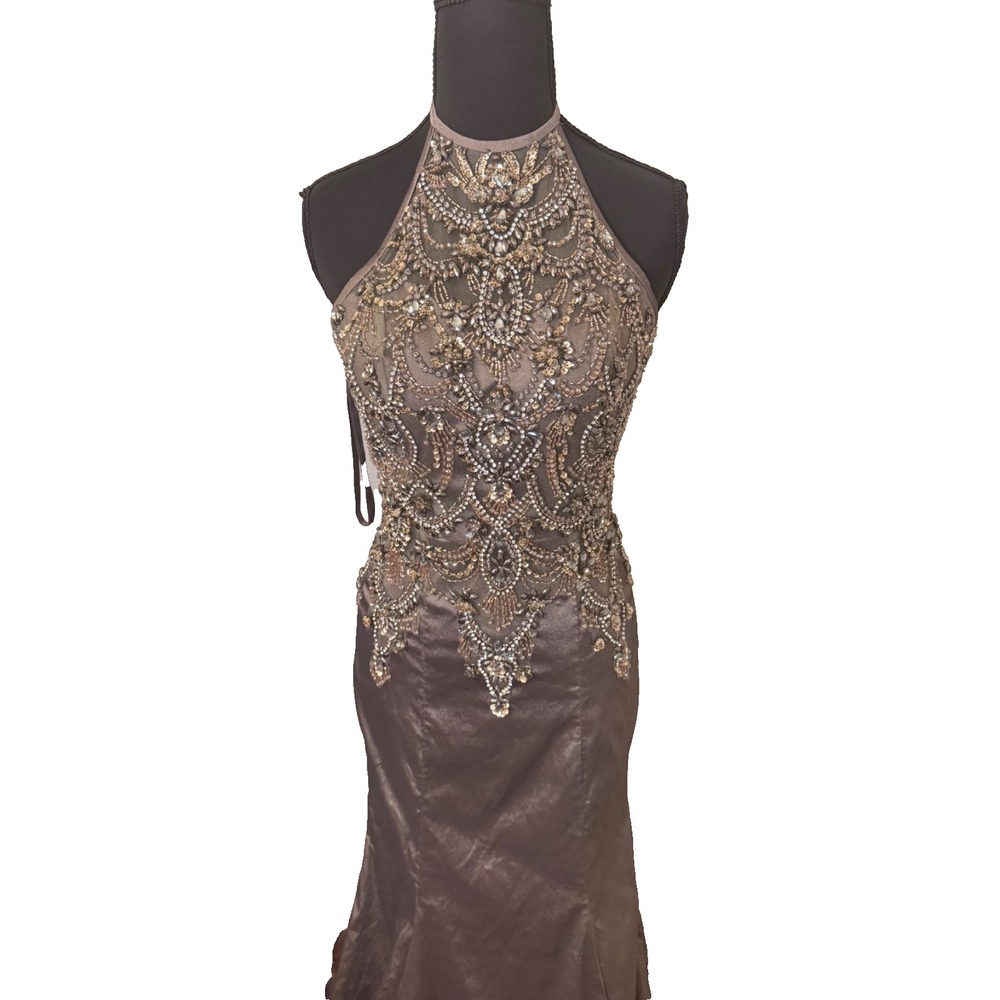 Morilee Madeline Gardner Taupe Formal Beaded Gown Halter Dress‎ Sz 6 Black Tie - Picture 2 of 16